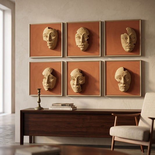 6-Piece Abstract Face Sculpture Wall Art Set – Modern 3D Terracotta Framed Wall Décor for Living Room