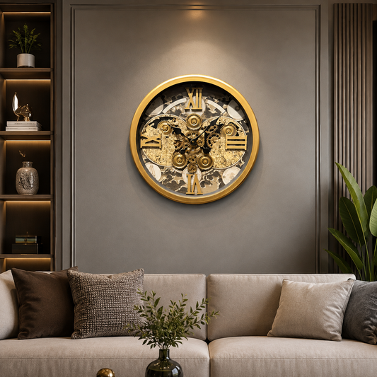 Temporal Trellis Luxury Wall Clock With Moving Gear Mechanism (Steel Body)