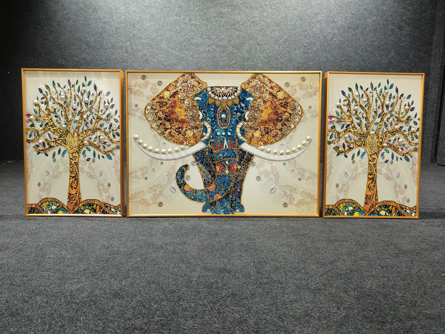 Modern Crystal Premium Elephant  Painting With Metal Framing For Wall Decor [ Pack of 3 ]
