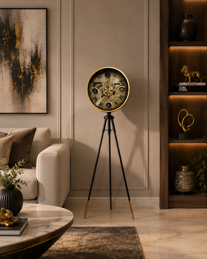 Tripod Base Luxury Designer Floor Clock With Moving Gear Mechanism (Black) (Steel Body)