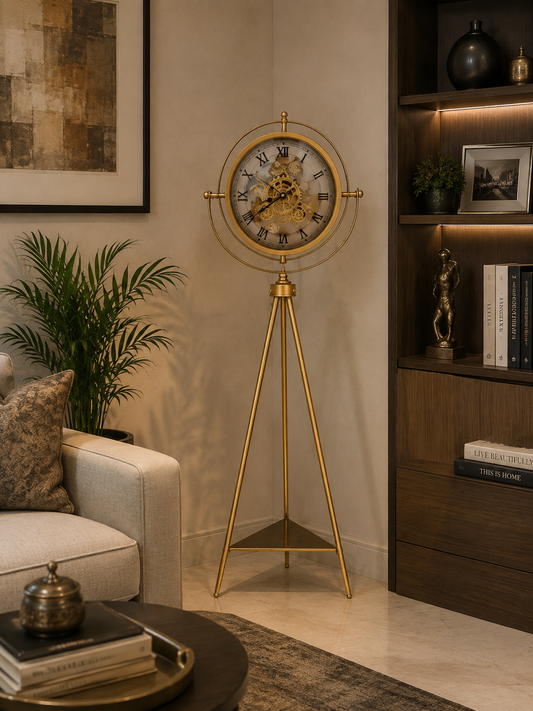 Phantom Dial Tripod Base Luxury Designer Floor Clock With Moving Gear Mechanism Buy Floor Clock Online - Gold (Steel Body)