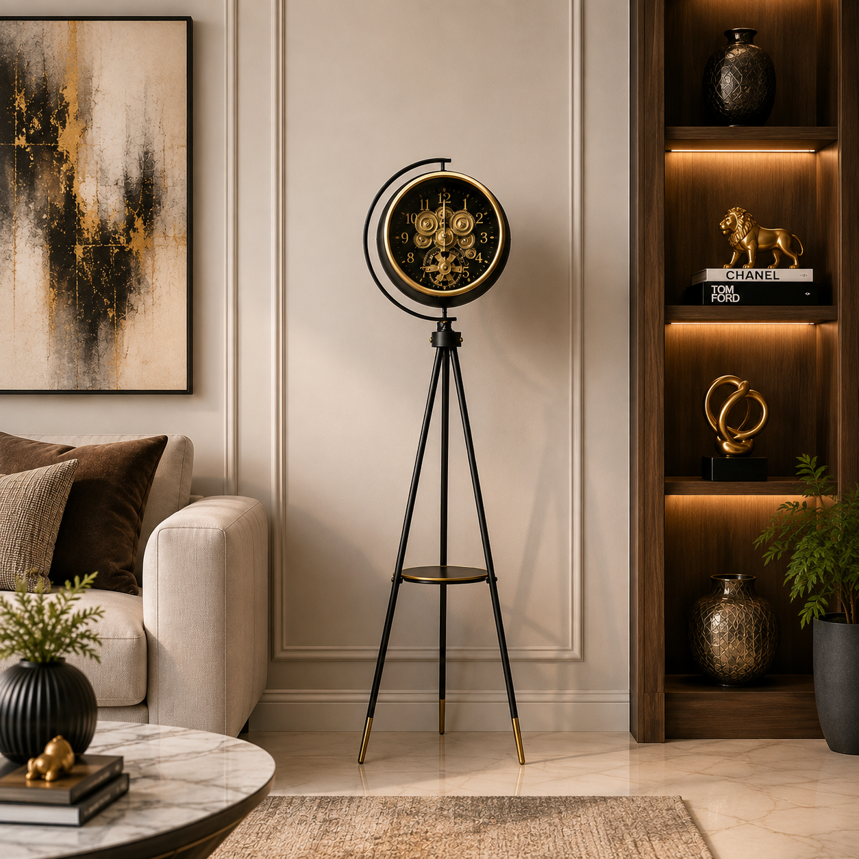 Moon Phase Tripod Base Luxury Designer Floor Clock With Moving Gear Mechanism (Black) (Steel Body) STYLE 2