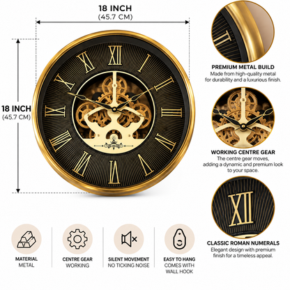 Lunar Echo Luxury Designer Wall clock With Moving Gear Mechanism (Steel Body)
