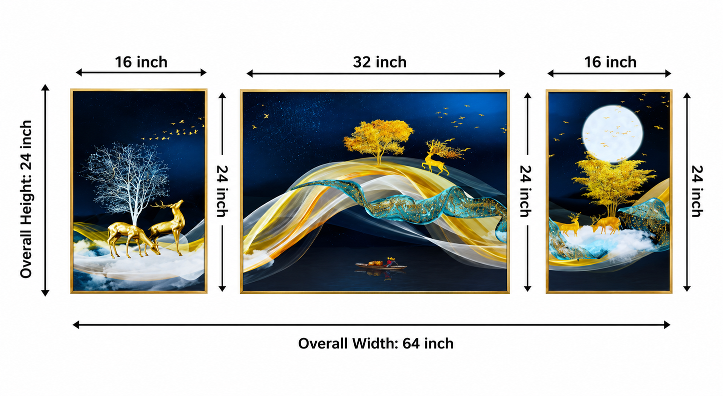 Modern Crystal Premium Deer Painting With Metal Framing For Wall Decor [ Pack of 3 ]
