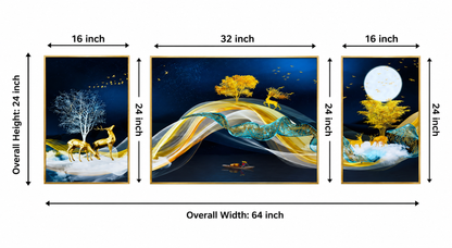Modern Crystal Premium Deer Painting With Metal Framing For Wall Decor [ Pack of 3 ]