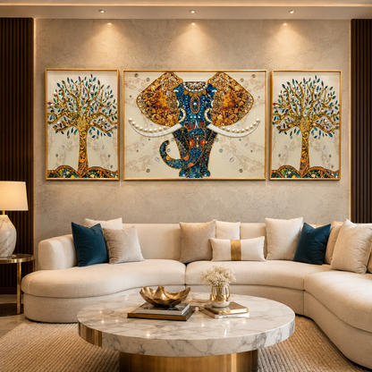 Modern Crystal Premium Elephant  Painting With Metal Framing For Wall Decor [ Pack of 3 ]
