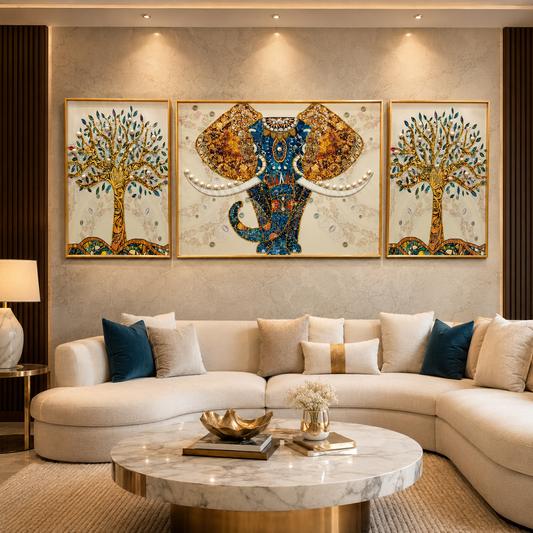 Modern Crystal Premium Elephant  Painting With Metal Framing For Wall Decor [ Pack of 3 ]