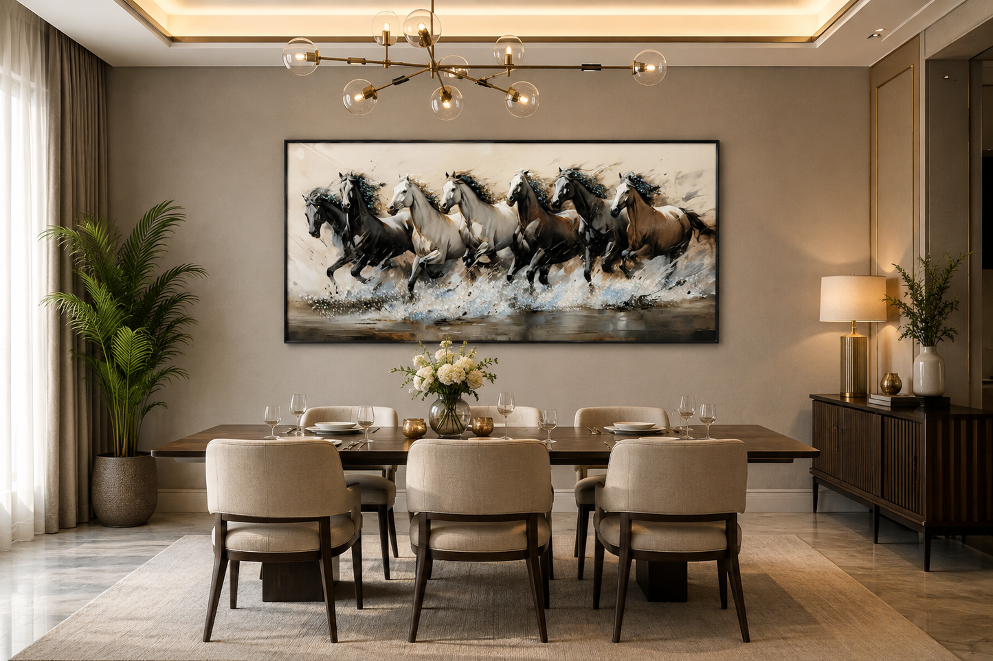 Seven Horses Run Wild Crystal Glass Painting [ 48 x 24 Inch ]