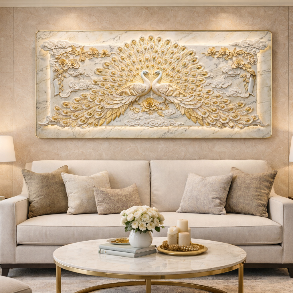 Premium Peacock Design Modern Crystal Wall Painting For Home [ 24 x 48 Inches ] Style 5