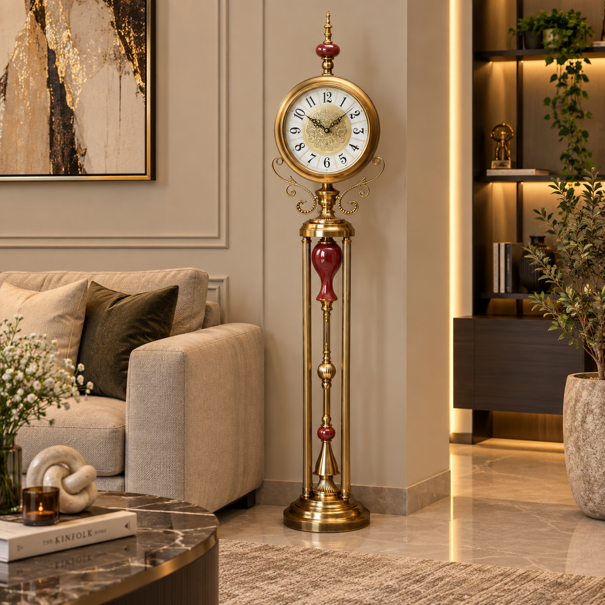 Premium Metal Tripod Gear Standing Wall Clock With Gold Framing For Home Decor