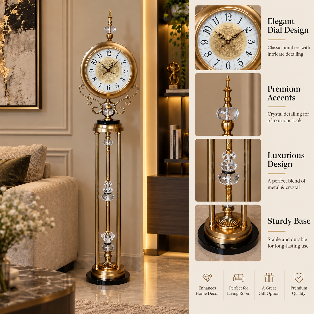 Premium Metal Tripod Standing Floor Clock For Home Decor