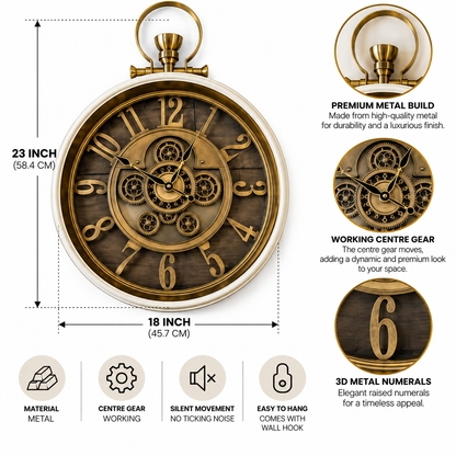 Whispering Wheel Luxury Designer White Wall Clock With Moving Gear Mechanism (Steel Body) (Copy)