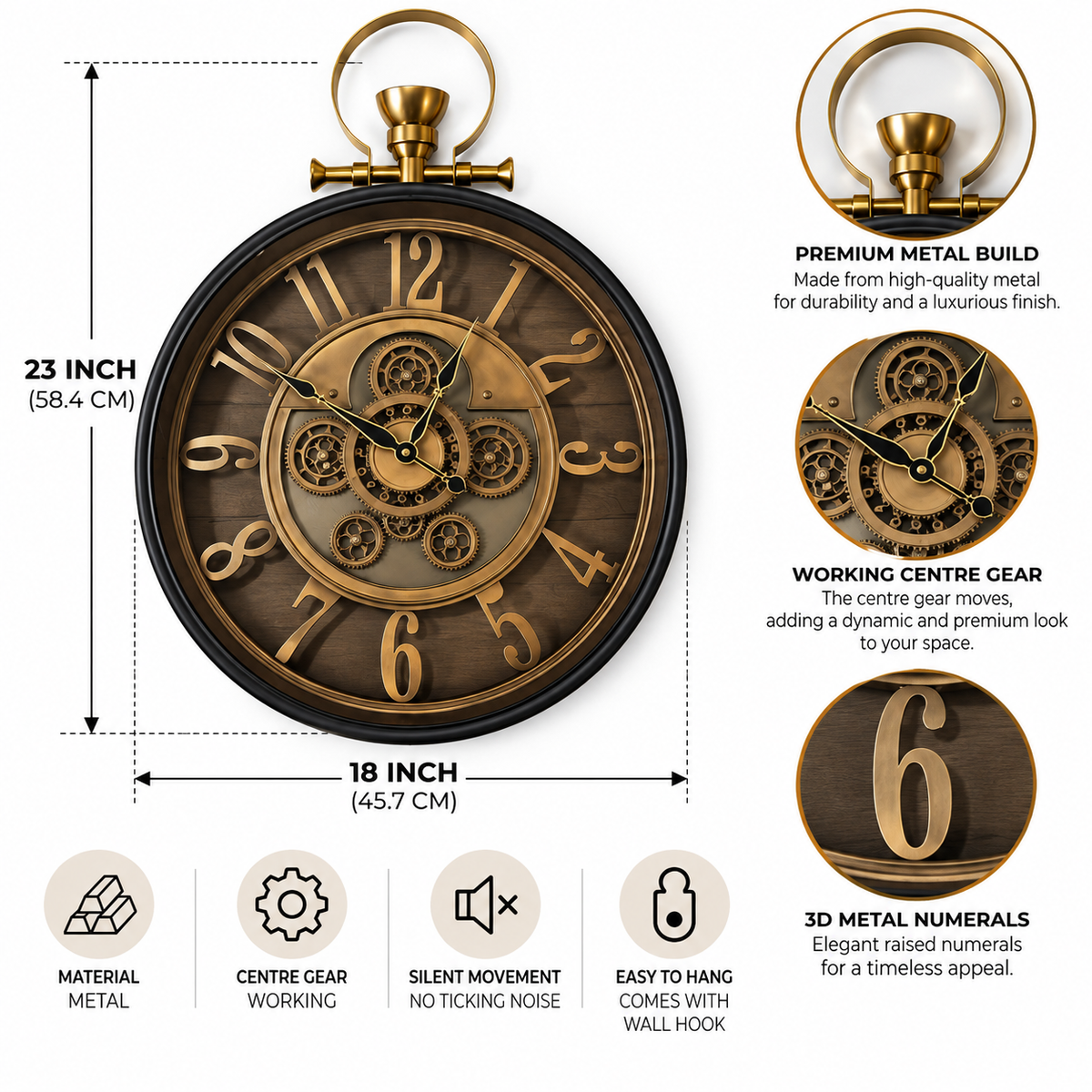 Whispering Wheel Luxury Designer Black Wall Clock With Moving Gear Mechanism (Steel Body)