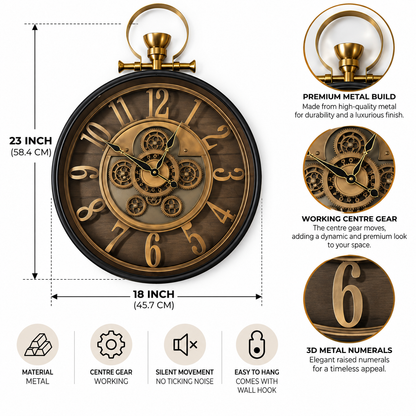 Whispering Wheel Luxury Designer Black Wall Clock With Moving Gear Mechanism (Steel Body)