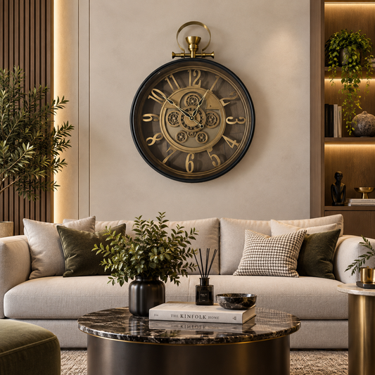 Whispering Wheel Luxury Designer Black Wall Clock With Moving Gear Mechanism (Steel Body)