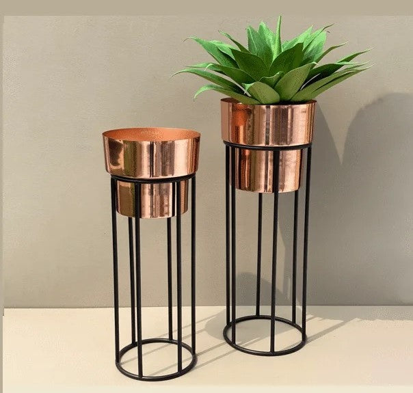 Rose Gold Metal Planter With Black Stand [ Pack of 2 ]