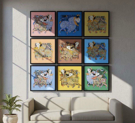 9-Piece Pichwai Cow Wall Art Set – Colorful Traditional Indian Wall Décor for Living Room