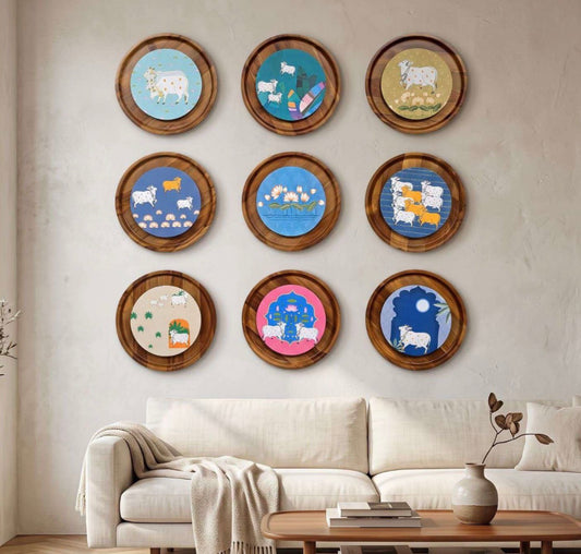 9-Piece Pichwai Cow Wall Art Set – Traditional Indian Designer Wall Décor for Living Room