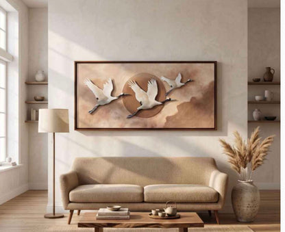 3D Flying Cranes Textured Wall Art – Modern Luxury Wall Painting for Living Room
