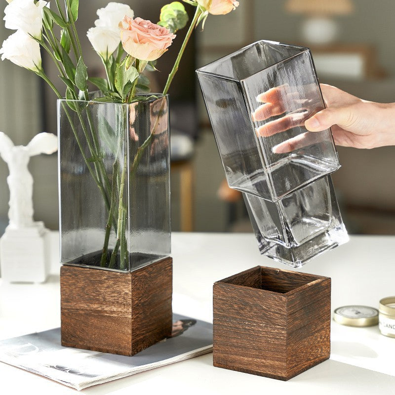 Smoky Glass Flower Vase With Wooden Base - Set of 2