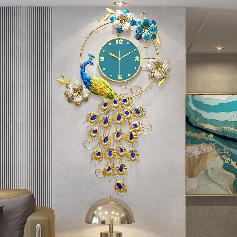 Peacock Metal Wall Clock - Vintage Design, Golden Hue