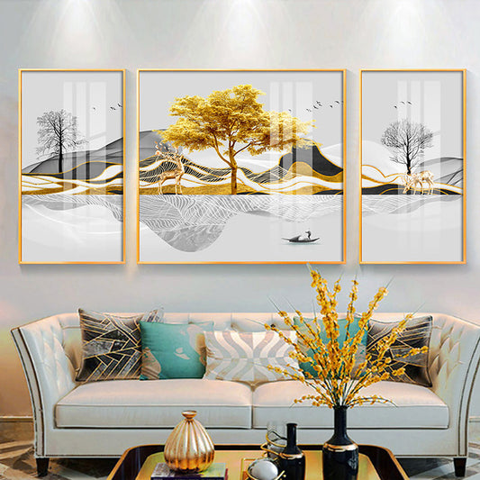 Modern Crystal Painting Set with Metal Framing - Golden Frame, Crystal & Glass Work [Set of 3 ]