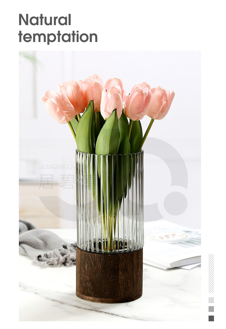 Fluid Glass Flower Vase With Wooden Base - Set of 2
