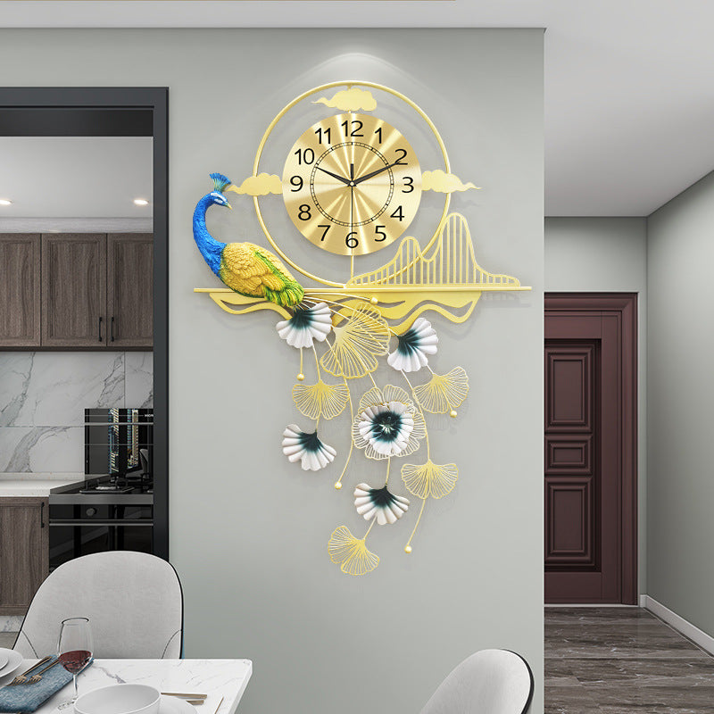 Peacock Metal Wall Clock - Vintage Design, Golden Hue, 24 inch