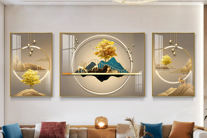 Modern Crystal Painting Set with Metal Framing - Golden Frame, Crystal & Glass Work [Set of 3 ]