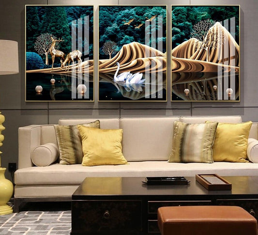 Modern Crystal Painting Set with Metal Framing - Golden Frame, Crystal & Glass Work [Set of 3 ]