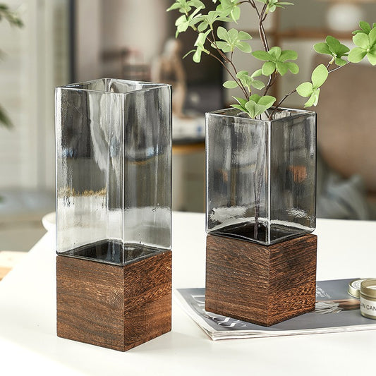 Smoky Glass Flower Vase With Wooden Base - Set of 2