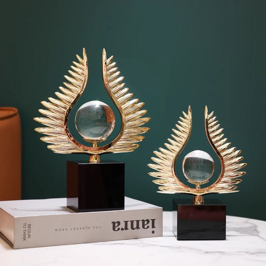 Modern Metal Design With Crystal Ball & Marble Base Figurine [ SET OF 2 ]