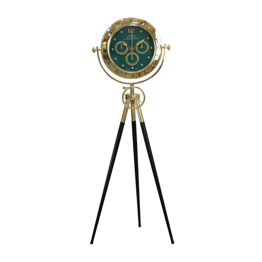 Green Metal Tripod Gear Standing Wall Clock With Gold Framing For Home Decor