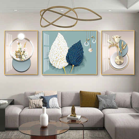 Modern Crystal Painting Set with Metal Framing - Golden Frame, Crystal & Glass Work [Set of 3 ]