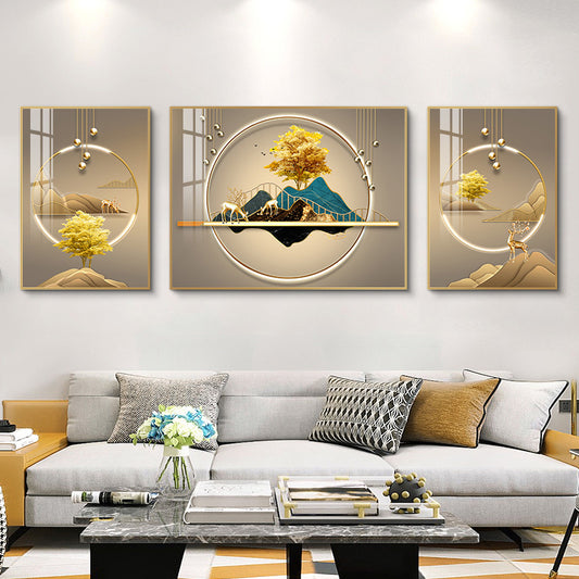 Modern Crystal Painting Set with Metal Framing - Golden Frame, Crystal & Glass Work [Set of 3 ]