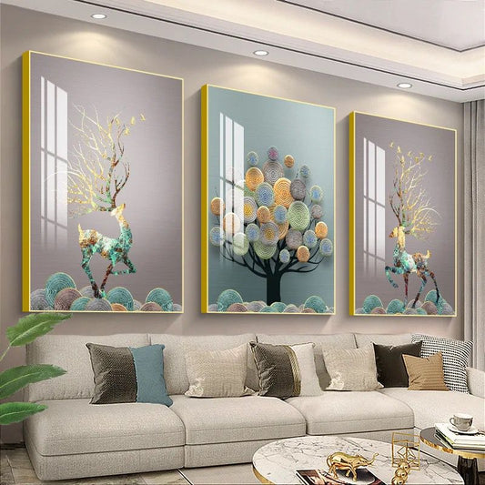 Modern Crystal Painting Set with Golden Frame - 3 Pieces, 16x24 inches