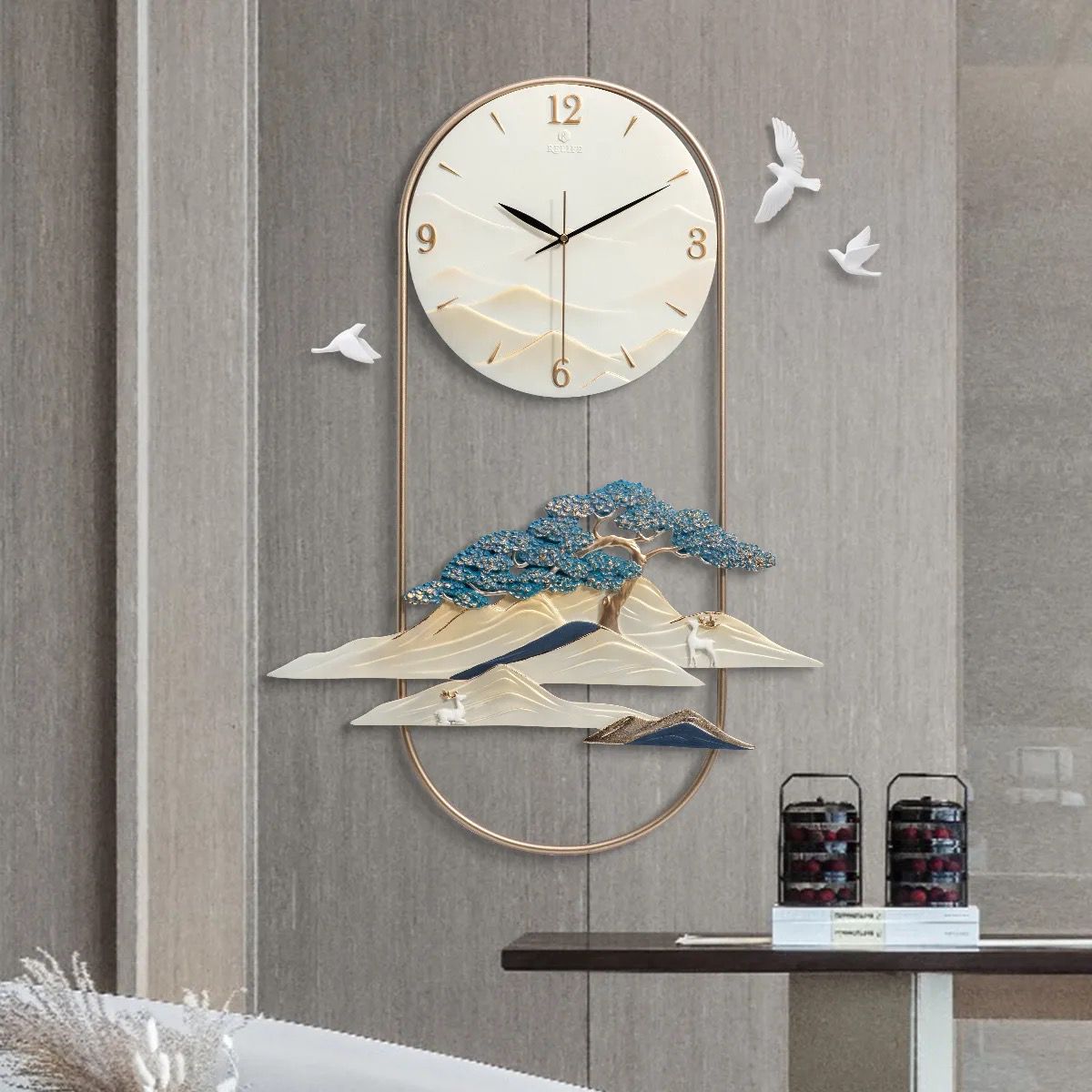 Premium Resin Wall Clock With Metal Frame & Side Birds
