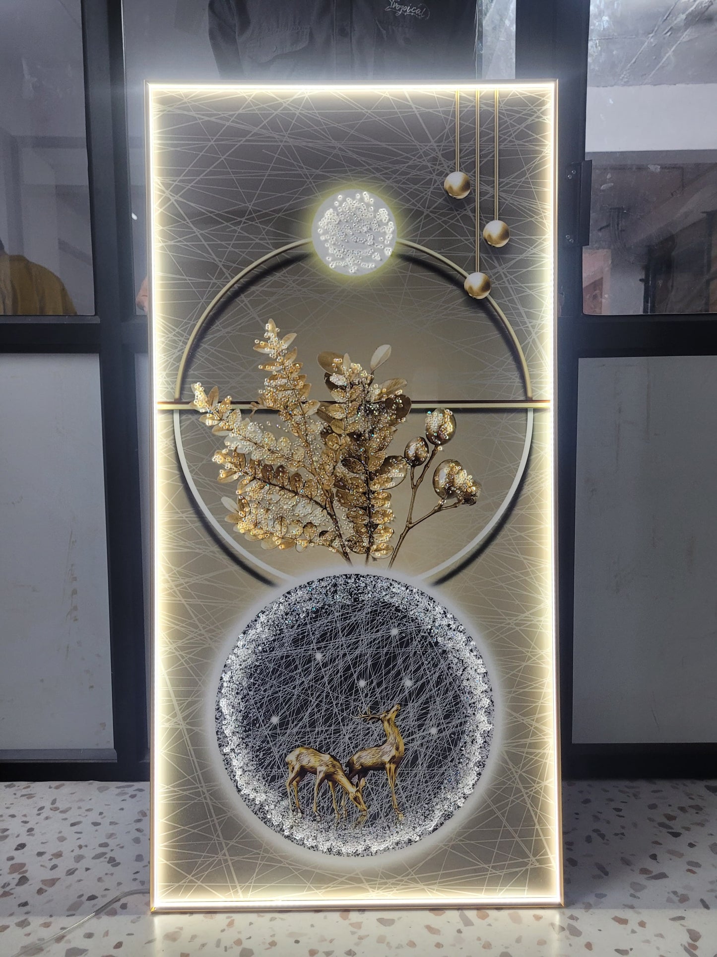 Modern Crystal Glass  Painting with Metal Framing and LED Light - 24x48 Inch