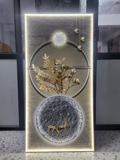 Modern Crystal Glass  Painting with Metal Framing and LED Light - 24x48 Inch