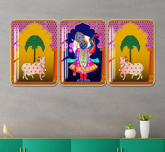 Divine Religious Crystal Wall Painting With Golden Framing - Set of 3 [ 18inch x 24inch ]