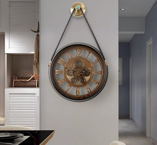 Whispering Wheel Luxury Designer Wall clock With Moving Gear Mechanism  With Leather Belt(Steel Body)