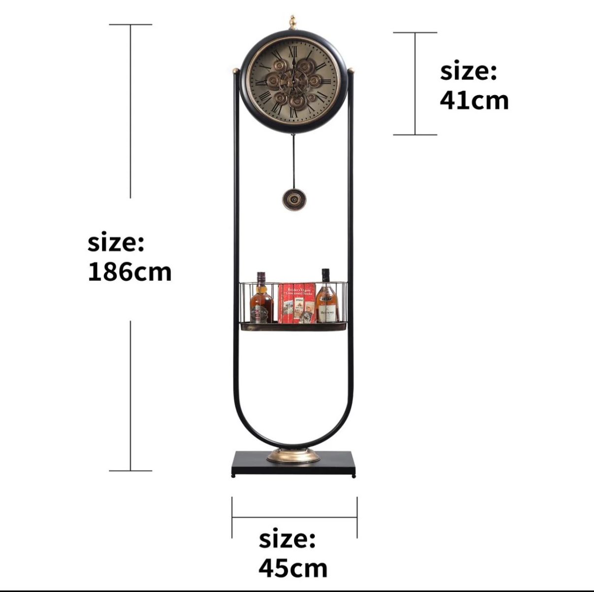 Black Metal Tripod Gear Standing Wall Clock With Shelf For Home Decor