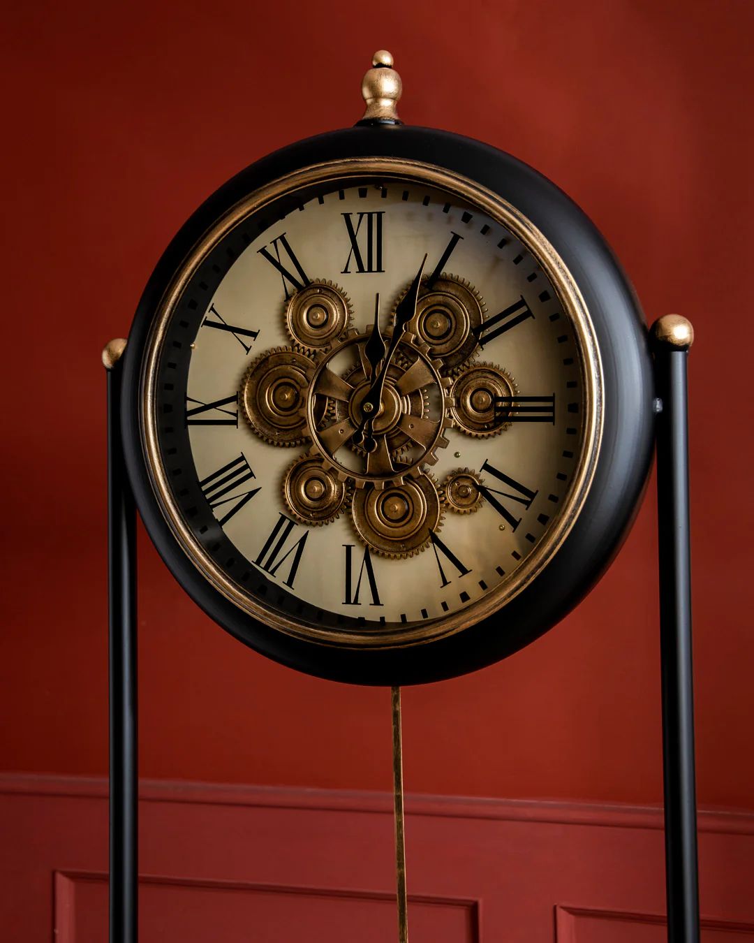 Black Metal Tripod Gear Standing Wall Clock With Shelf For Home Decor