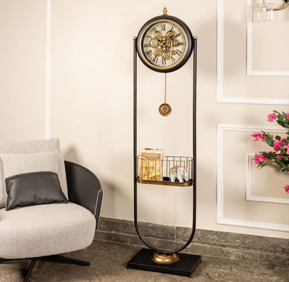 Black Metal Tripod Gear Standing Wall Clock With Shelf For Home Decor