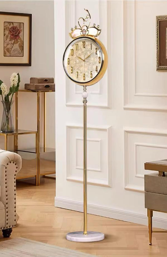 Mother Of Pearl Dial Metal Tripod Gear Standing Wall Clock With Gold Framing For Home Decor