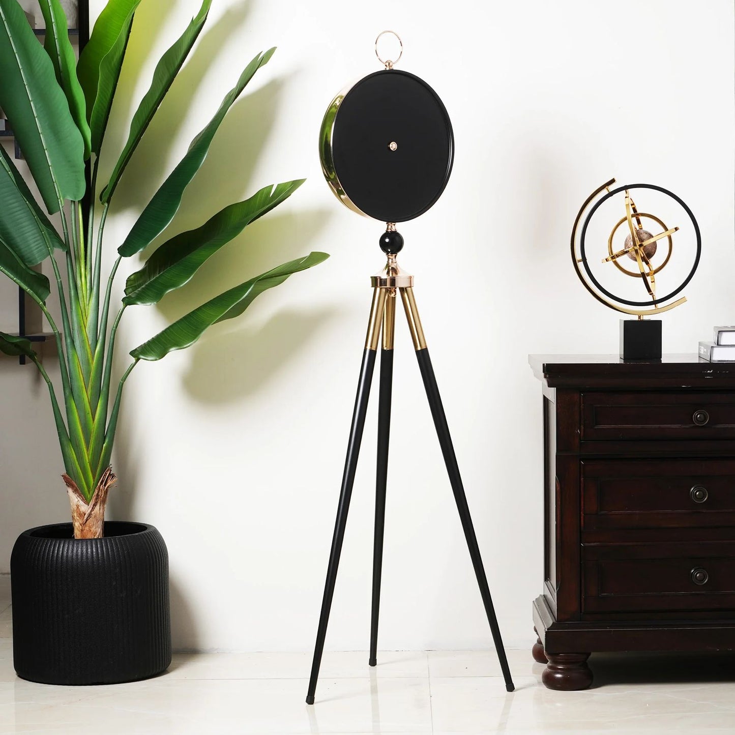 Black Dial Metal Tripod Gear Standing Wall Clock With Gold Framing For Home Decor