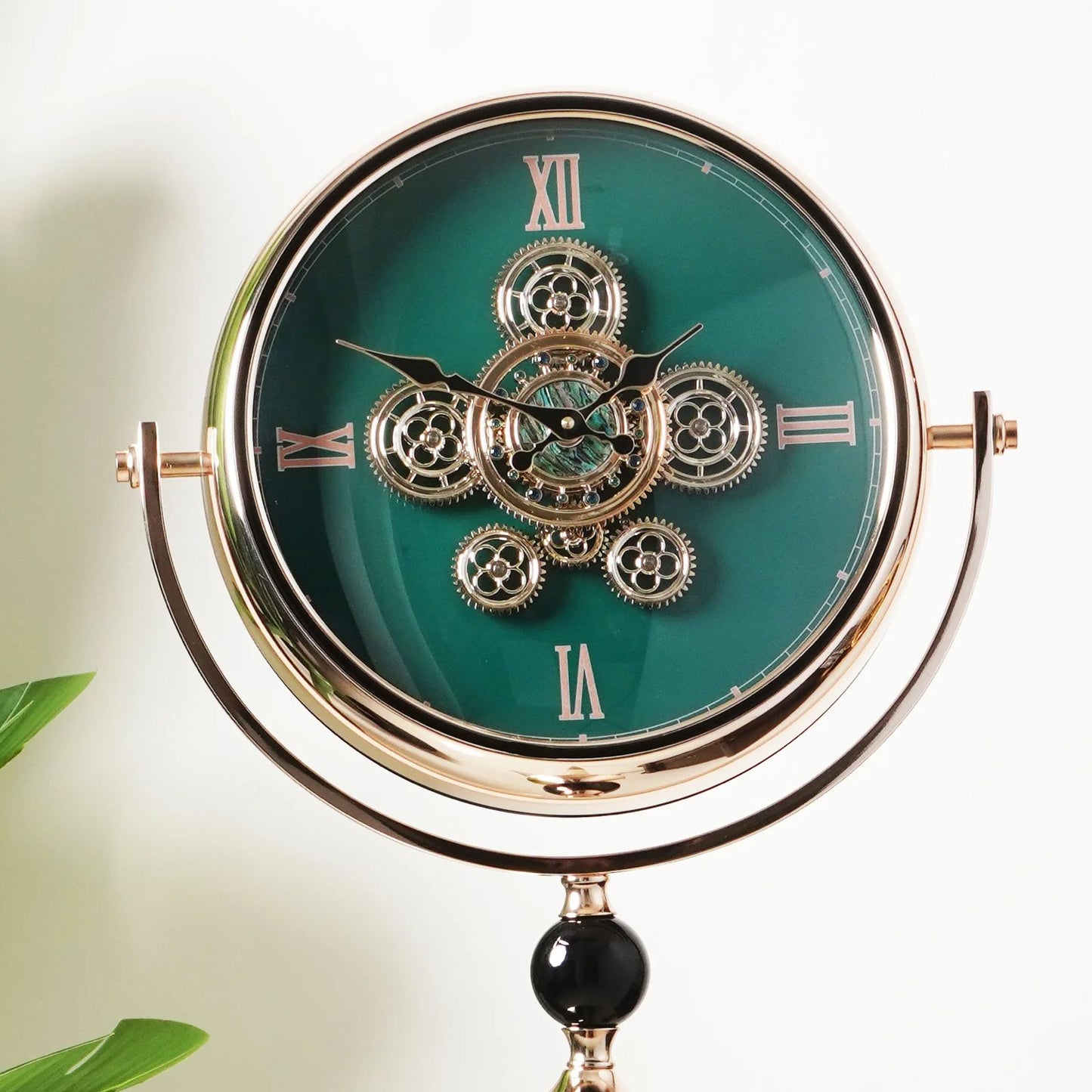 Green Dial Metal Tripod Gear Standing Wall Clock With Gold Framing For Home Decor