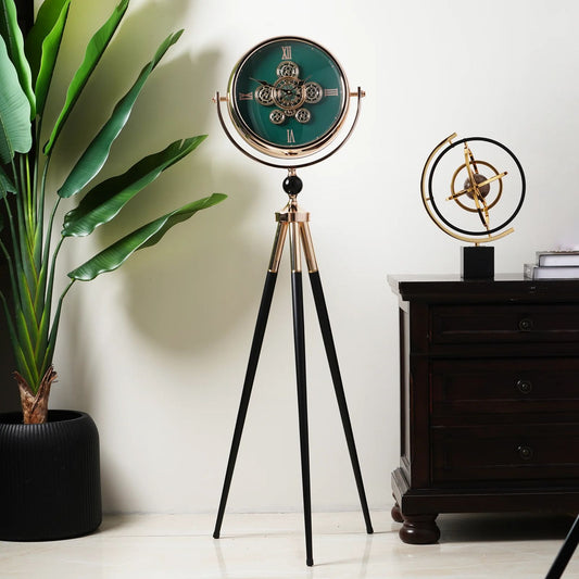 Green Dial Metal Tripod Gear Standing Wall Clock With Gold Framing For Home Decor