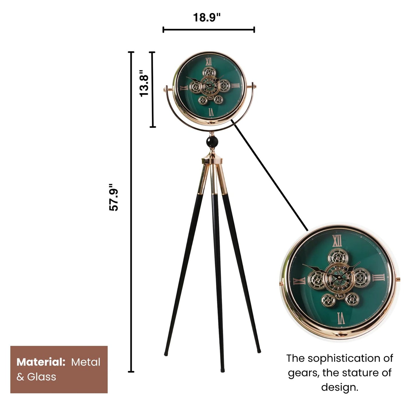 Black Dial Metal Tripod Gear Standing Wall Clock With Gold Framing For Home Decor