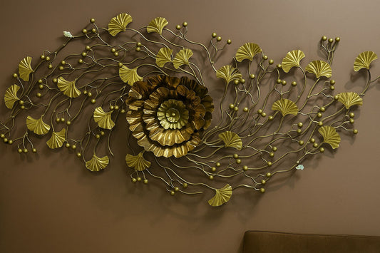 Gold PVD Finish Circular Metal Wall Art For Home Decor With LED Light [48x 24 Inch ] Style 5